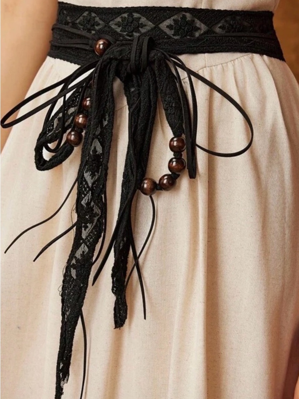 Women's Black Fringe Lace Belt with Wooden Bead Detail